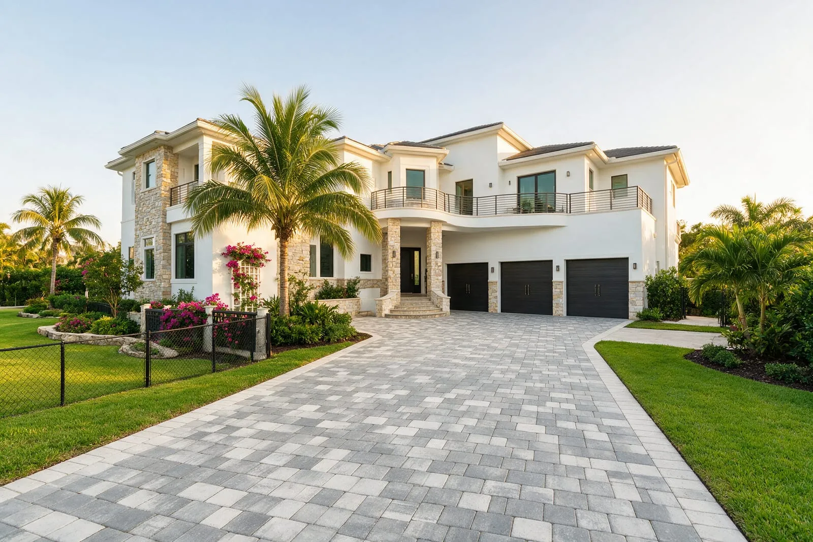 Modern South Florida home with a wide grey paver driveway and light border band