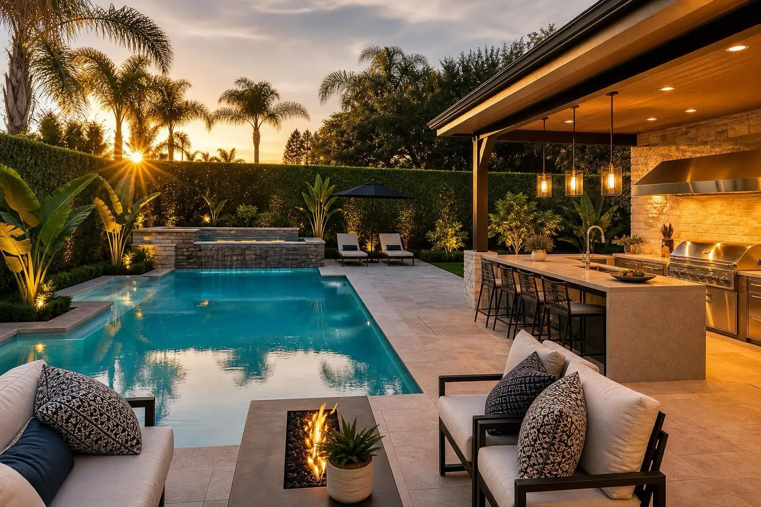 Backyard at sunset with a paver pool deck, fire pit lounge and covered outdoor kitchen