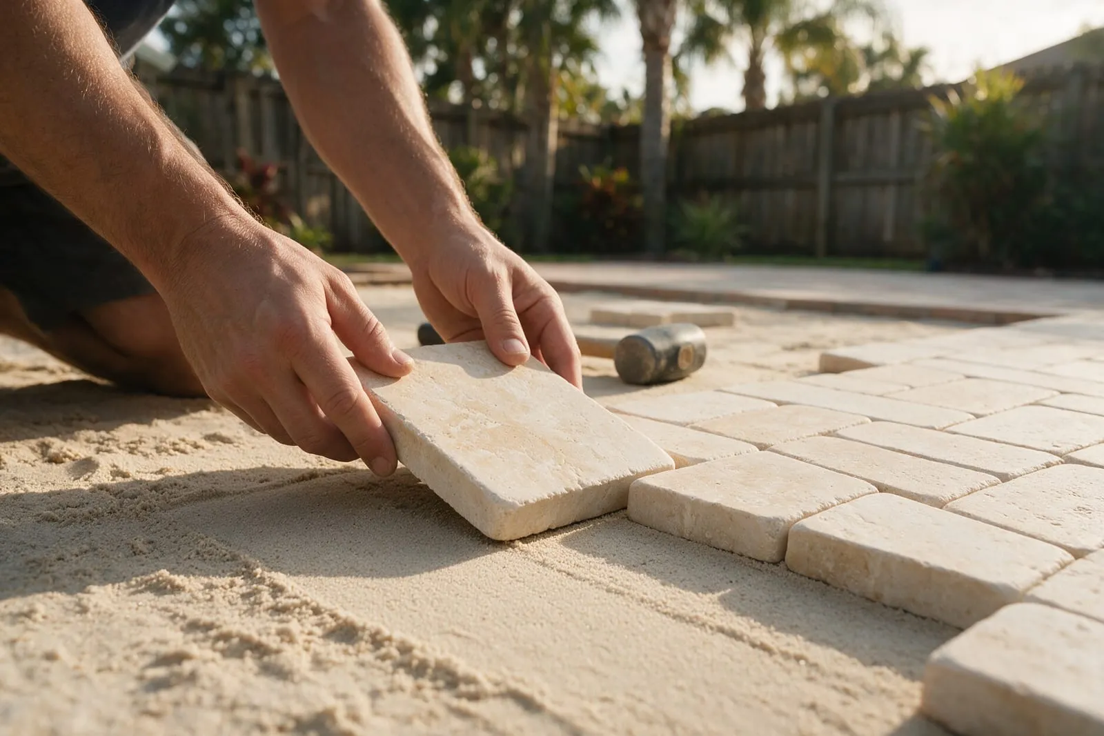 Close-up of hands setting a travertine paver onto a leveled sand bed