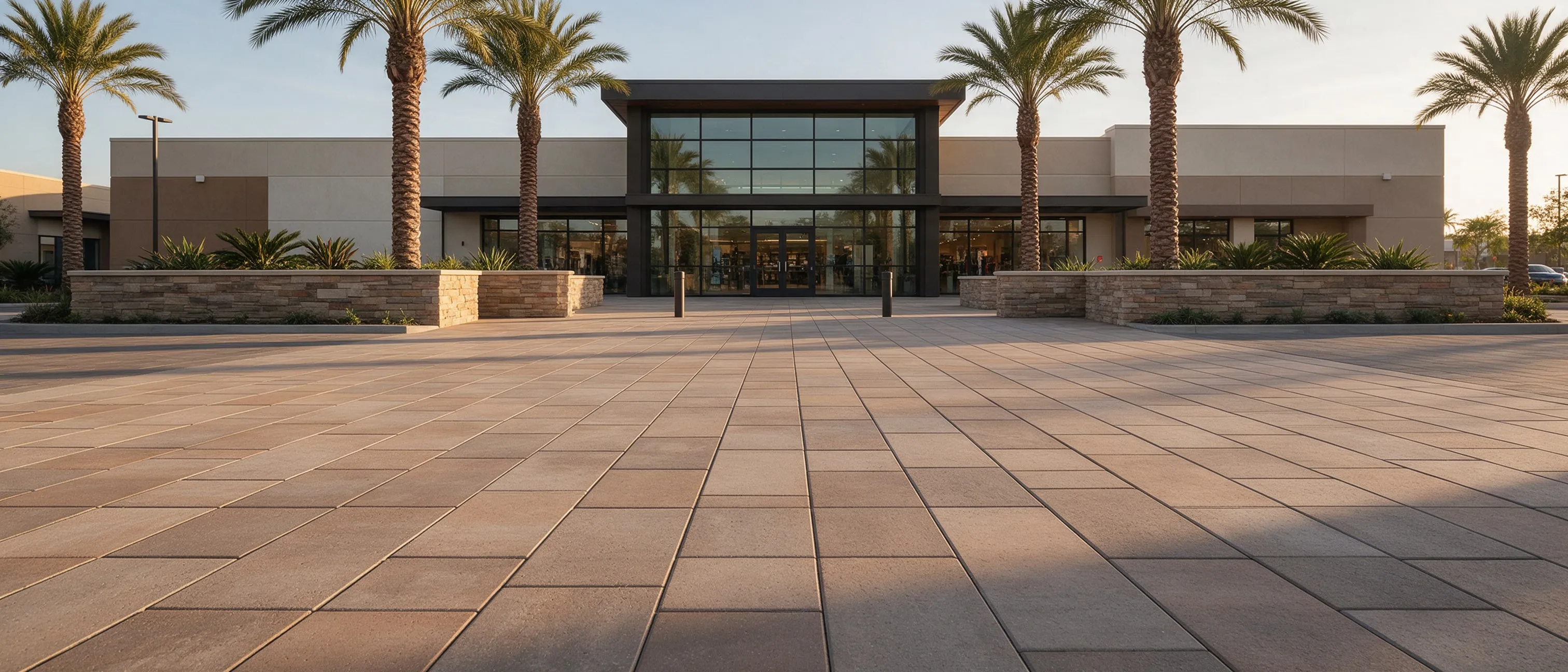 Commercial plaza entrance with large-format pavers and palms at golden hour