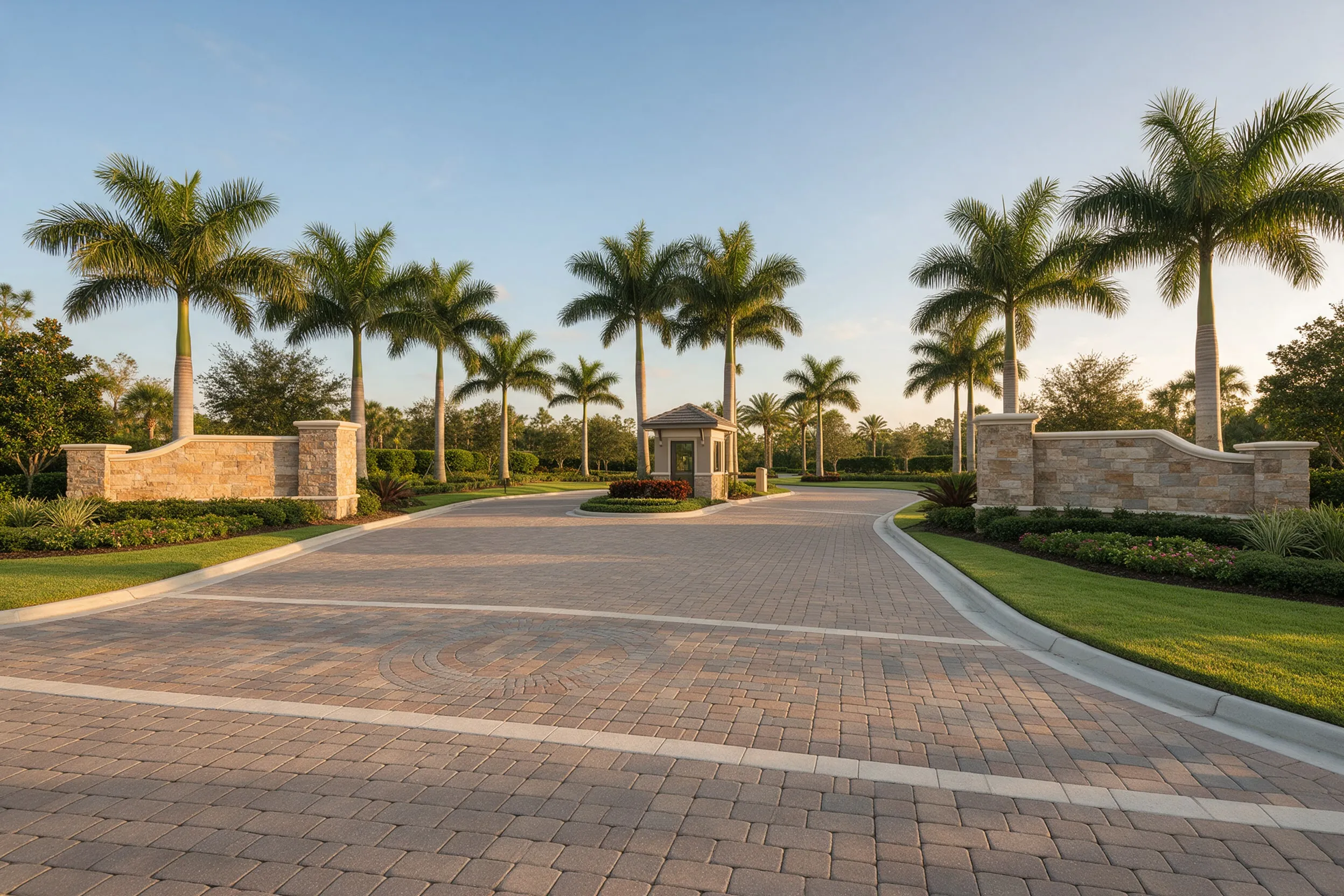Gated community entry drive with paver apron and stone monument walls