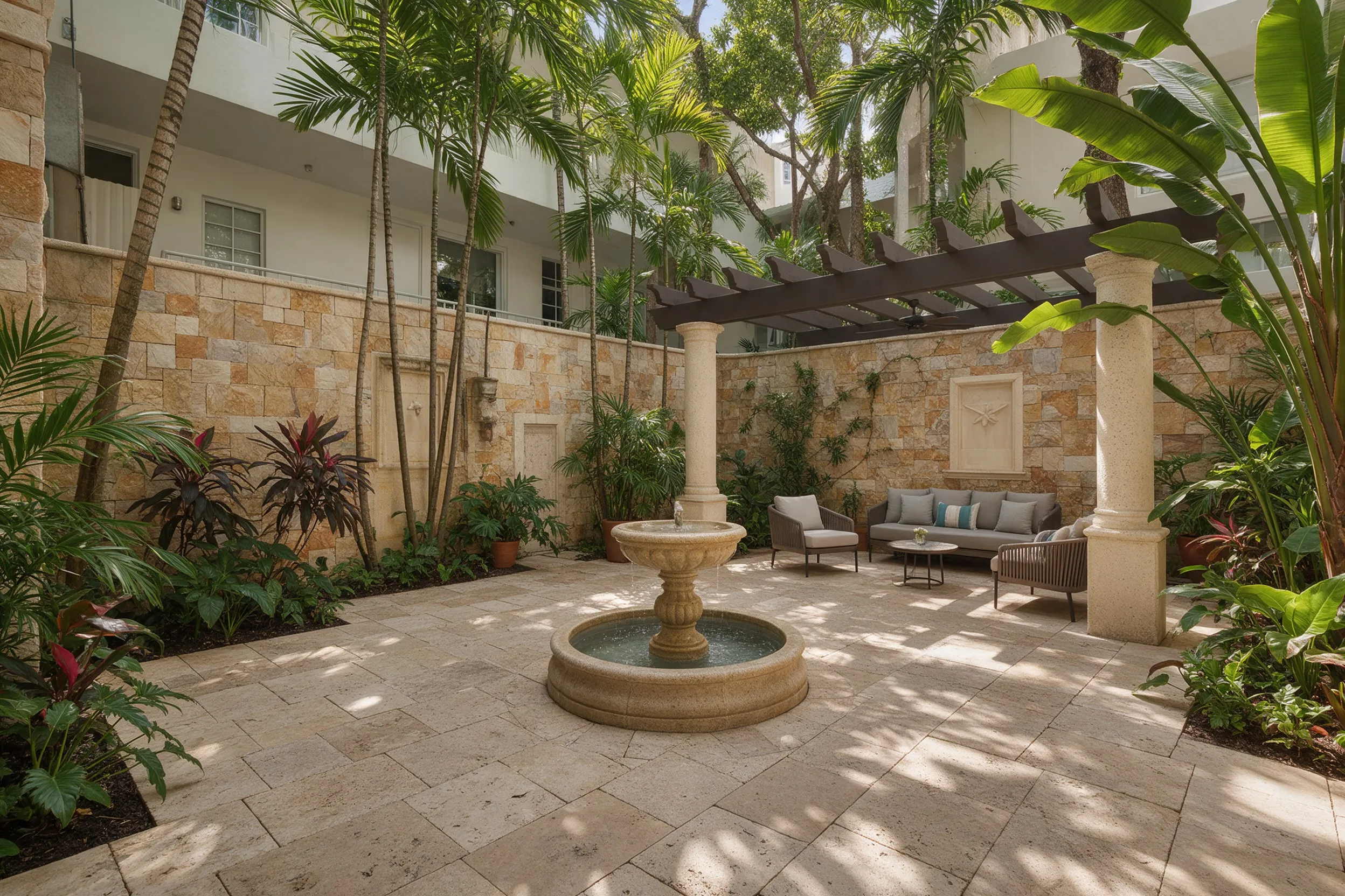 Boutique hotel courtyard with stone fountain and pavers