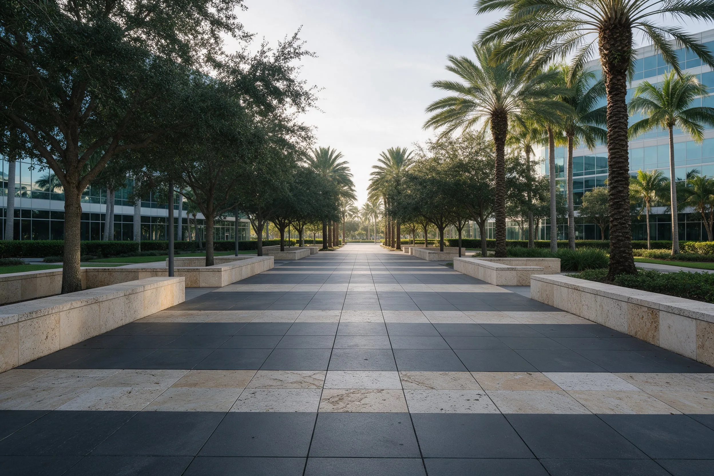Office campus pedestrian path with banded pavers and seating walls