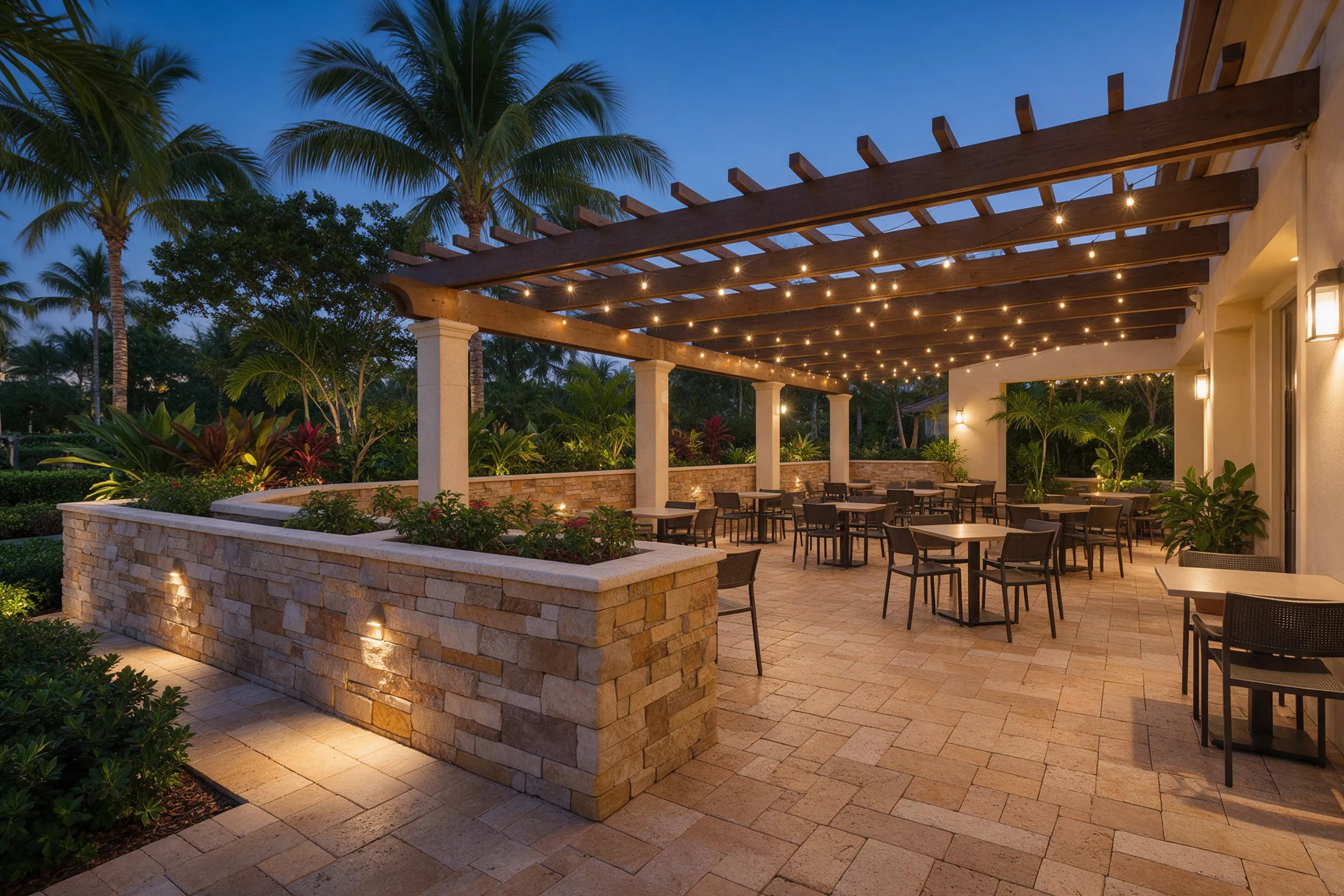 Restaurant dining terrace with pavers, pergola and string lights