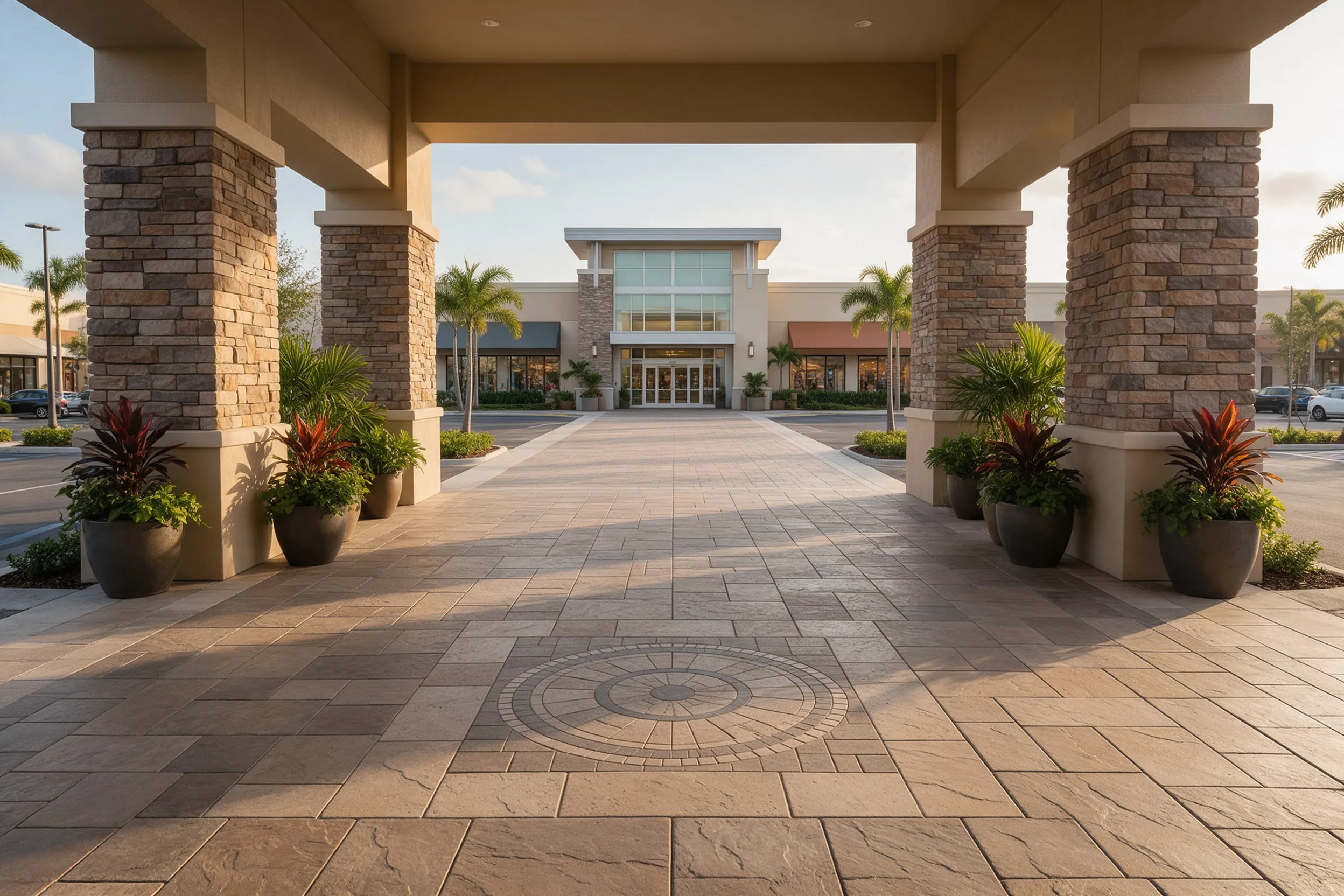 Retail plaza entry walkway with inlaid paver medallion