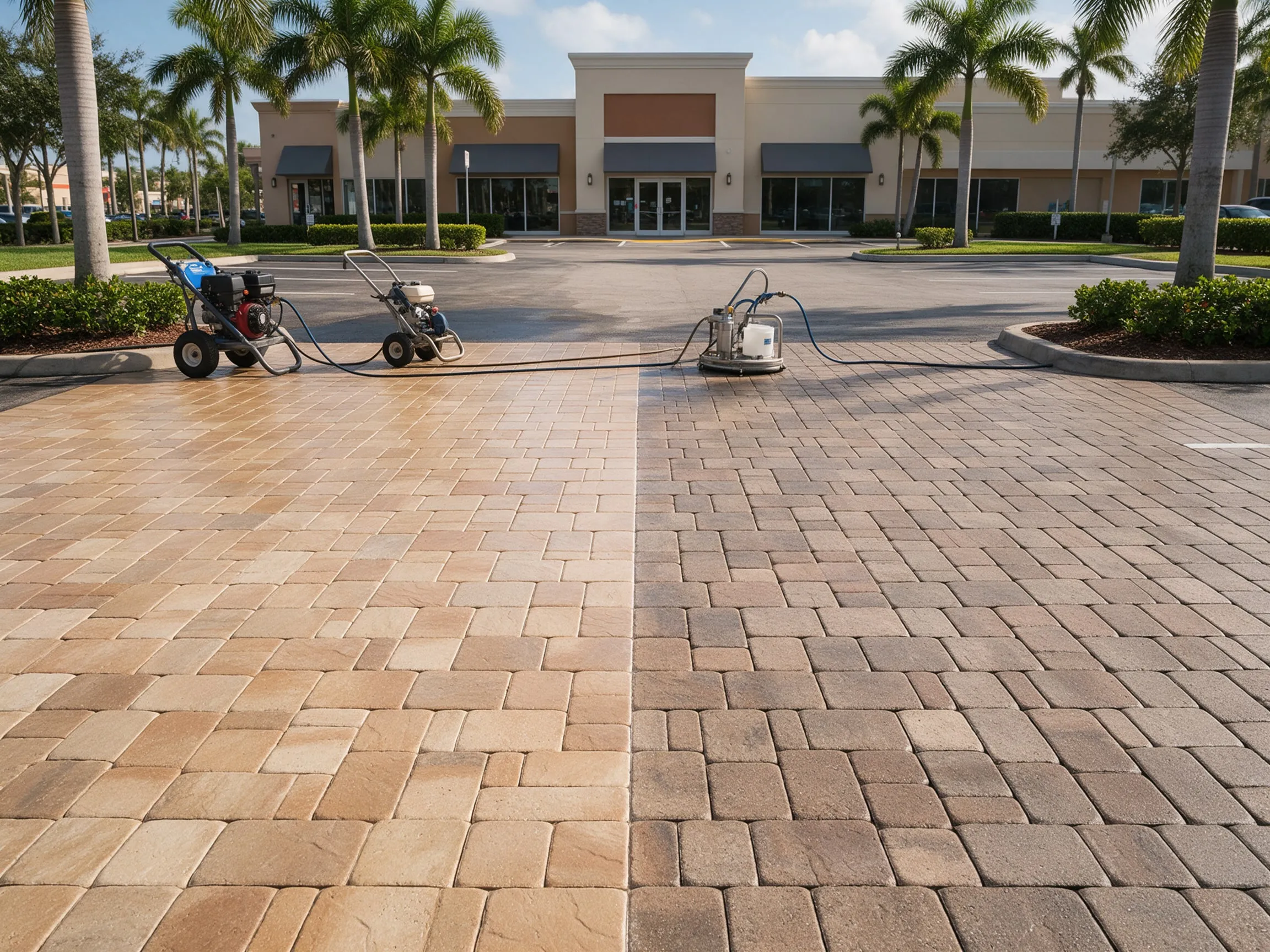 Commercial paver surface half restored and sealed, half weathered