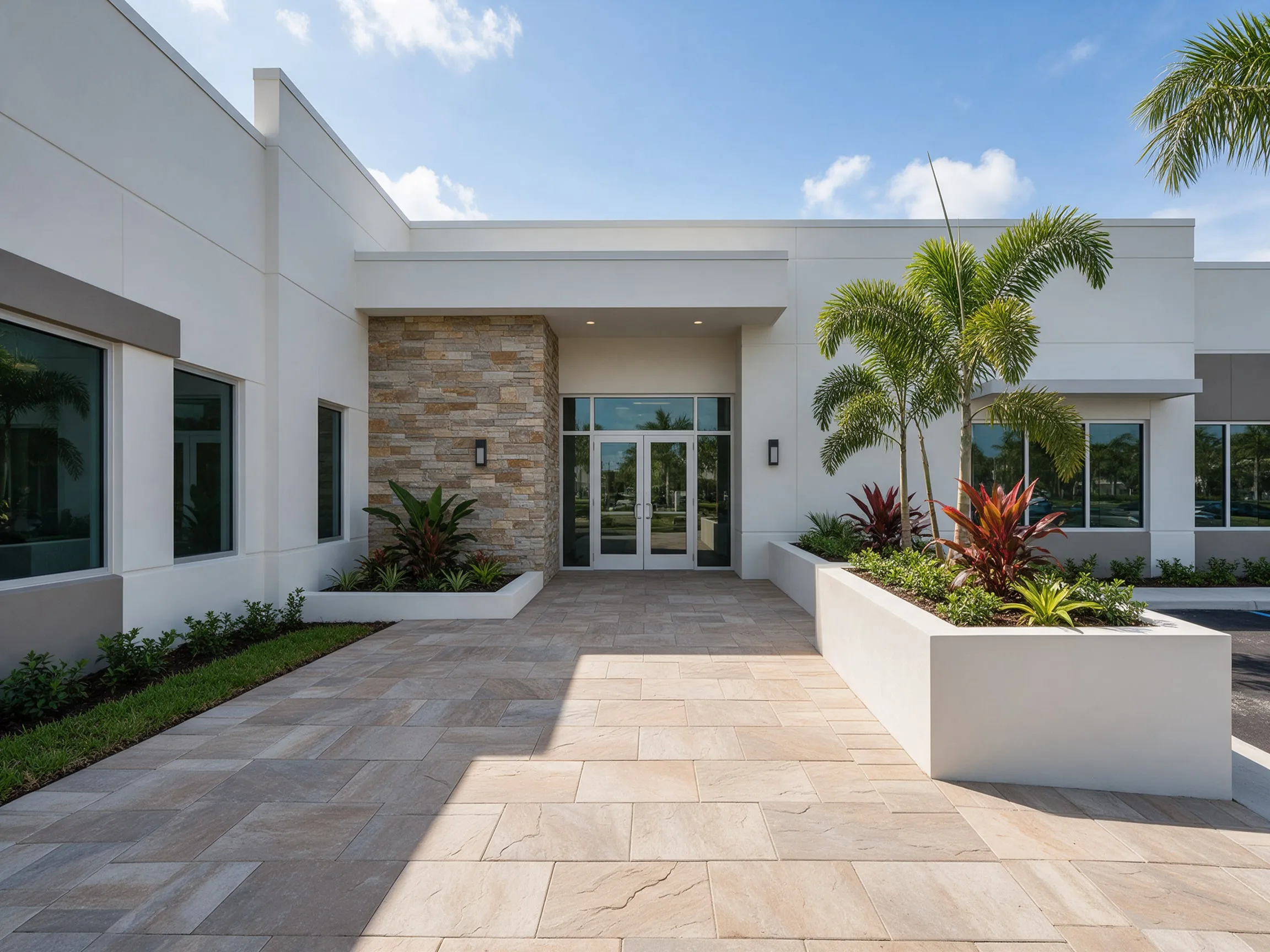 Renovated office building entry with new pavers and stone veneer wall