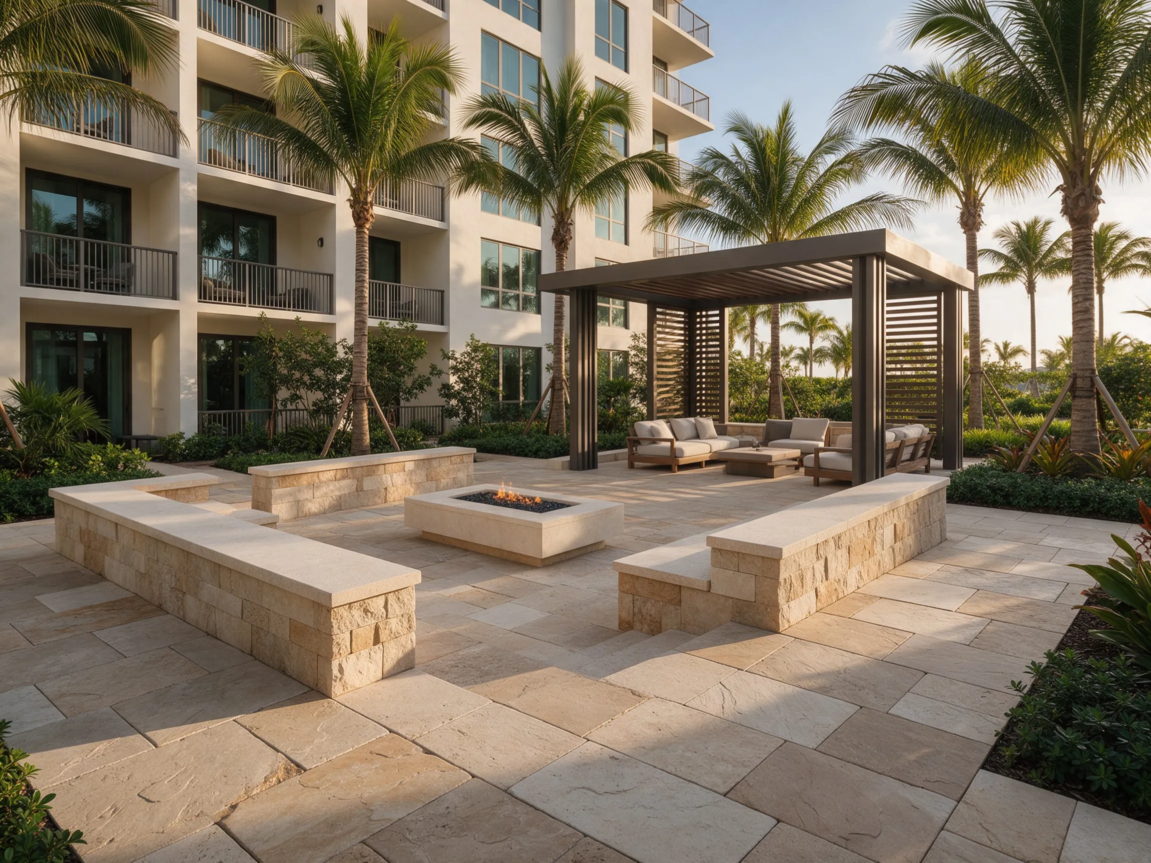 Condominium courtyard with pavers, seating walls and pergola