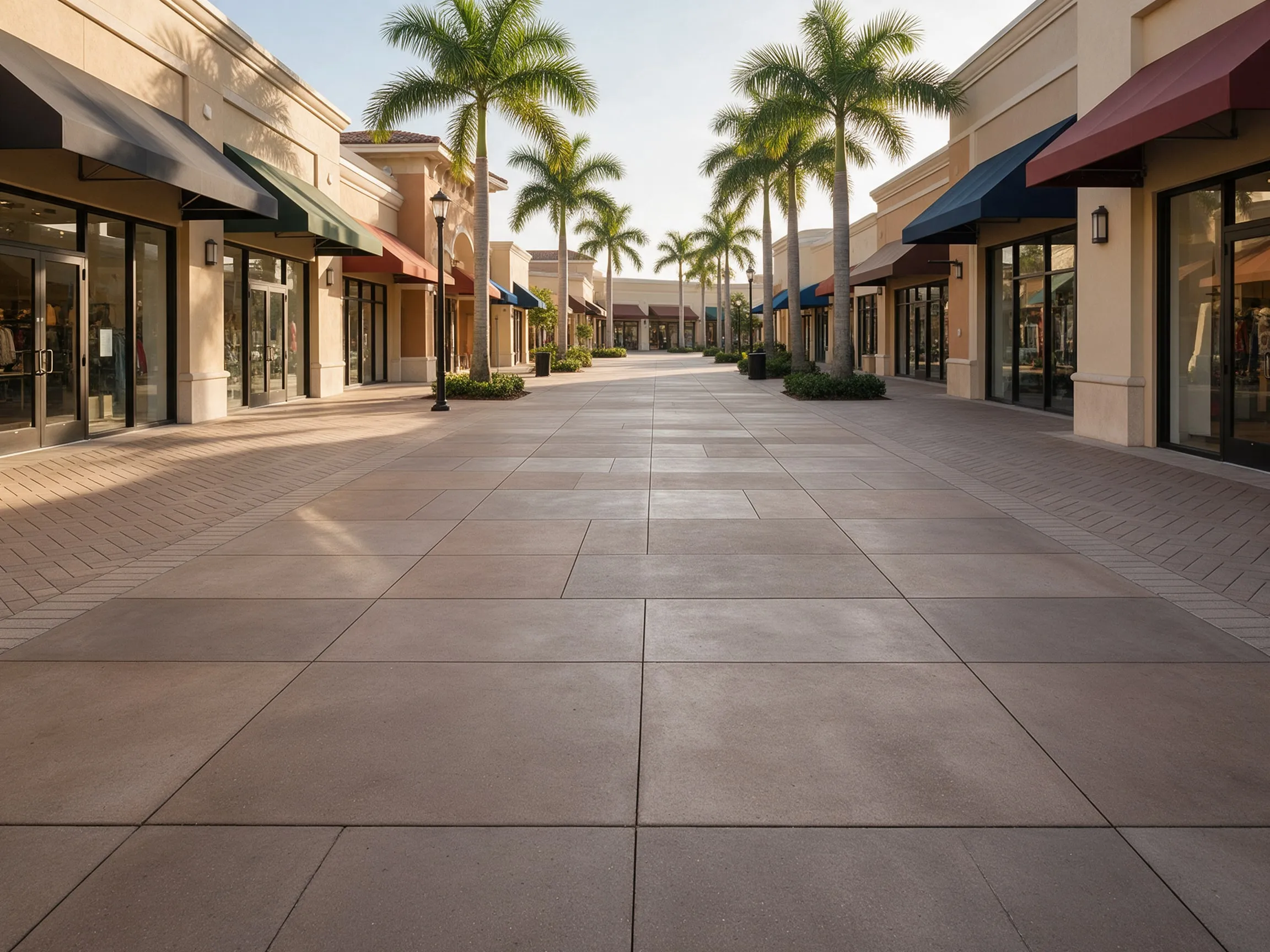 Retail center walkway with precisely laid large-format pavers