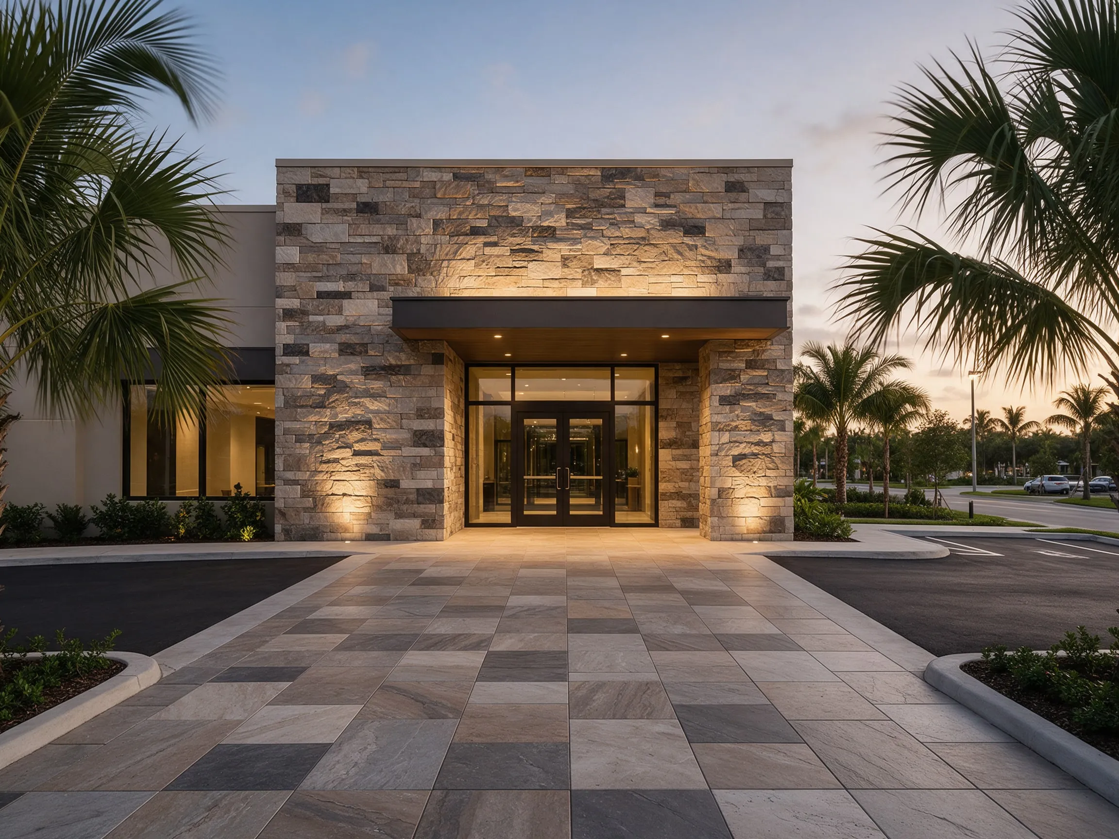 Commercial building entrance clad in stacked stone veneer at dusk
